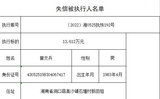 洞口县人民法院发布2022年第三期失信被执行人名单